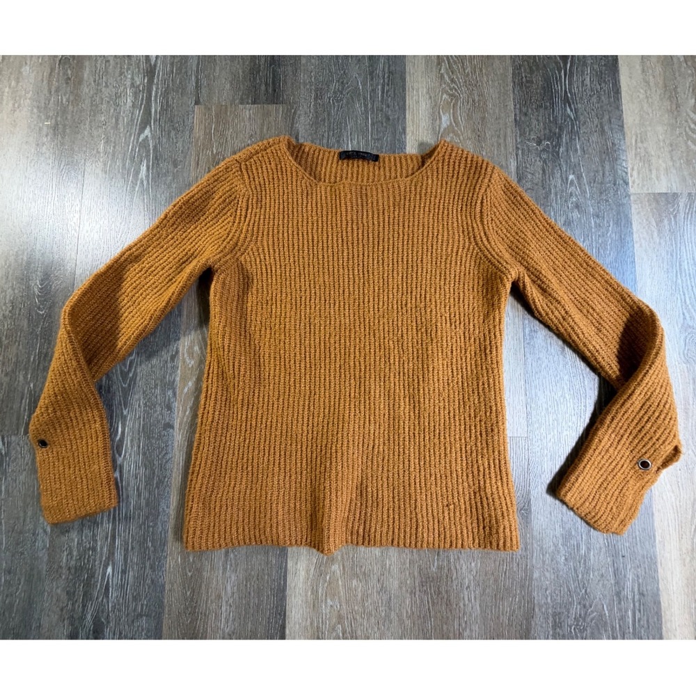 Love Tree Ribbed Knit Sweater Womens Small Mustard Yellow Grommet Cuff Crew Neck